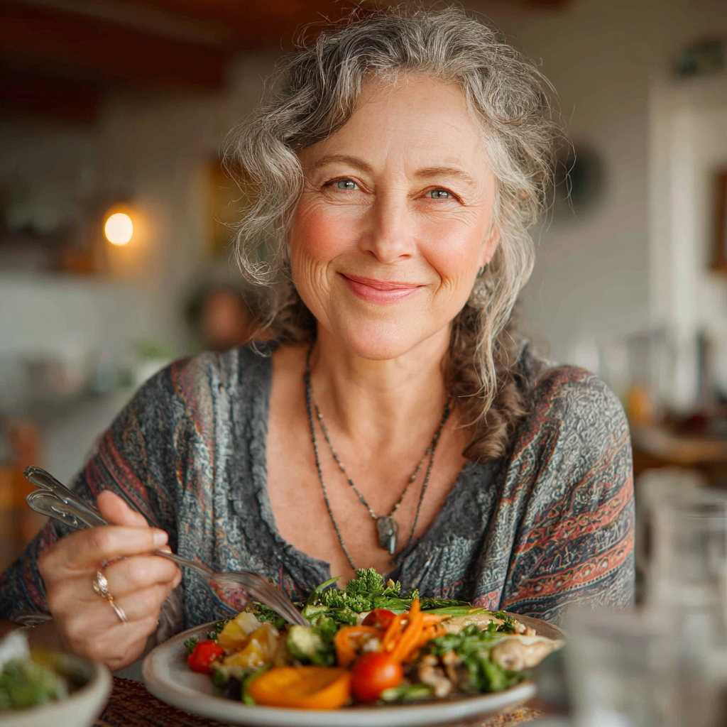Жінка 53 років сидить за столом з красивою тарілкою персоналізованої здорової їжі, посміхається та тримає вилку