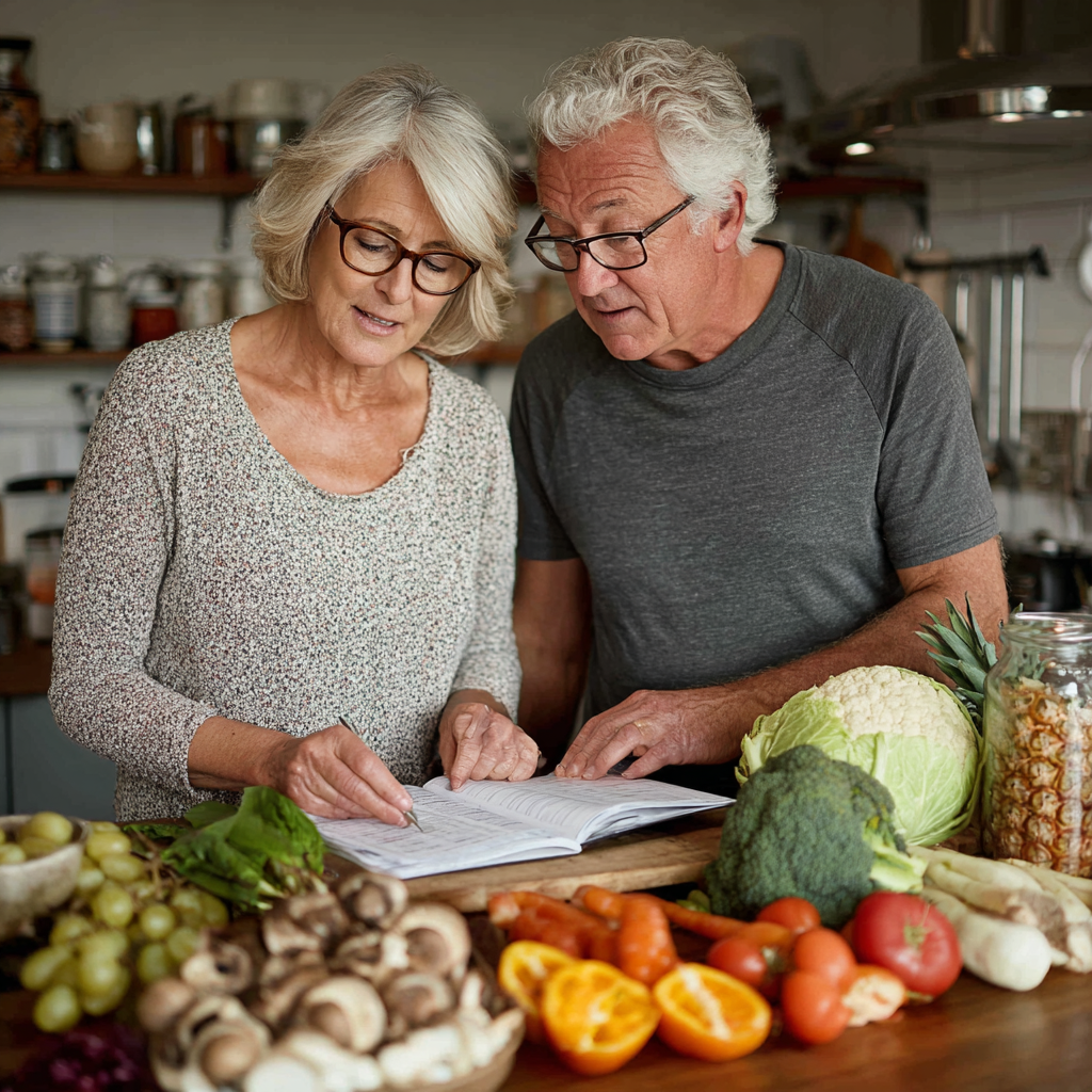 Пара у віці 52-58 років разом готує здорову їжу на кухні, користуючись планом харчування garvenist